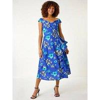 Roman Floral Print Bardot Ruffle Dress - Royal Blue