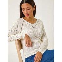Roman Scallop V-Neck Knit Jumper - Ivory
