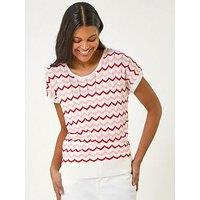 Roman Chevron Textured Short Sleeve Knitted Top - Pink