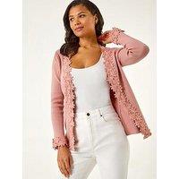 Roman Lace Trim Knit Cardigan - Pink