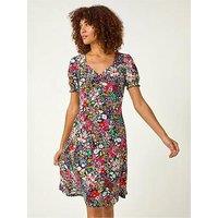 Roman Floral Print Ruched Stretch Midi Dress - Multi