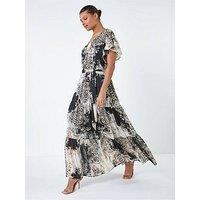 Roman Animal Print Shimmer Tiered Maxi Dress - Brown
