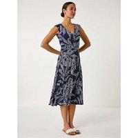 Roman Leaf Print Twist Front Stretch Dress - Navy