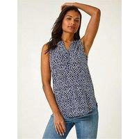Roman Textured Floral Print V-Neck Stretch Top - Navy