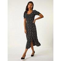 Roman Spot Print Sweetheart Neck Midi Dress - Black