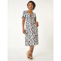 Roman Petite Floral Print Ruched Midi Dress - Navy