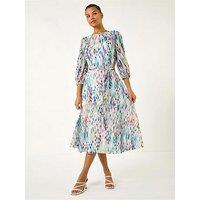 Roman Blurred Print Pleat Neck Midi Dress