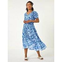Roman Petite Floral Print Border Midi Dress - Blue