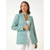 Roman Check Frayed Edge Boucle Button Jacket - Green