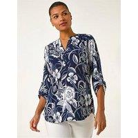 Roman Textured Floral Print V-Neck Stretch Shirt - Navy