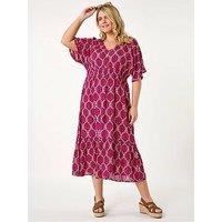 Roman Curve Geo Shimmer Stripe Shirred Midi Dress - Purple