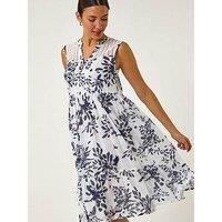 Roman Floral Print Lace Detail Smock Dress