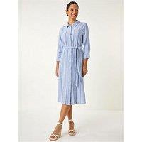 Roman Textured Stripe Belted Shirt Dress - Blue