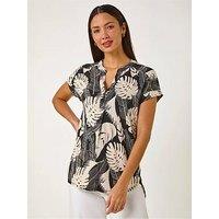 Roman Textured Leaf Print V-Neck Stretch Top - Stone