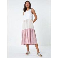 Roman Colour Block Tiered Linen Midi Dress - Light Pink