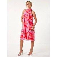 Roman Petite Abstract Halter Neck Ruffle Dress - Orange