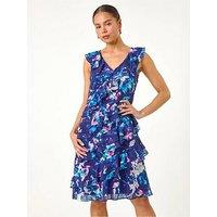 Roman Petite Abstract Print Ruffle Shift Dress - Navy