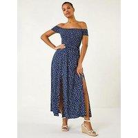 Roman Spot Print Bardot Shirred Maxi Dress - Navy