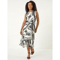 Roman Petite Print Tie Waist Pleated Dress - Black