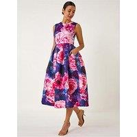 Roman Rose Print Pleated Scuba Midi Dress