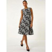 Roman Floral Puff Print Gathered Midi Dress - Black