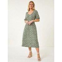 Roman Petite Floral Print Button Midi Dress - Khaki