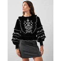 The Very Collection Velvet Embroidered Blouse - Black