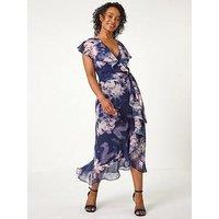 Roman Petite Floral Print Frill Midi Dress