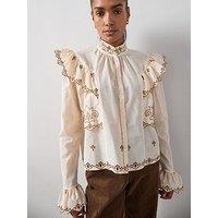 The Very Collection Frill Detail Cotton Broderie Detail Shirt - Cream