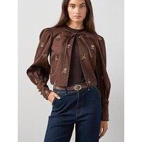The Very Collection Embroidered Puff Sleeve Jacket - Brown