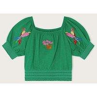 Monsoon Girls Embroidered Parrot Puff Sleeve Top - Green