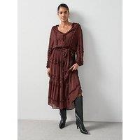 The Very Collection Ruffle Tie Waist Sheer Midi Dress - Brown