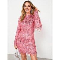 The Very Collection Fringed Sequin Long Sleeve Mini Dress - Pink