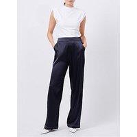 French Connection Stretch Satin Straight Leg Trousers With Contrast Stitch - Navy