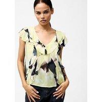 French Connection Short Sleeve Chiffon Ruffle Tie Dye Print V-Neck Top