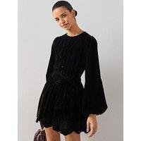 The Very Collection Velvet Tie Waist Cutwork Mini Dress - Black