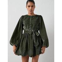 The Very Collection Velvet Tie Waist Cutwork Mini Dress - Green