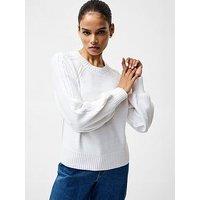 French Connection Cable Knit Braided Long Balloon Sleeve Crew Neck Jumper - White