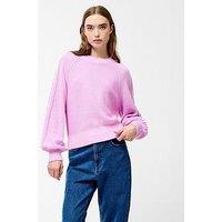 French Connection Cable Knit Braided Long Balloon Sleeve Crew Neck Jumper - Pink