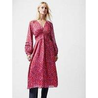 French Connection Ruched Chiffon V-Neck Long Sleeve Printed Midi Dress