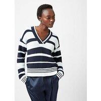 French Connection Cable Knit Long Sleeve Varsity-Style V-Neck Stripe Jumper - Navy