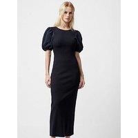 French Connection Cotton Blend Puff Sleeve Ribbed Bodycon Midi Dress