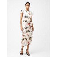 French Connection Satin Overlay Floral Print Short Frill Sleeve Midi Dress