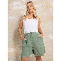 Yours Curve Chambray Elasticated Waist Short - Green