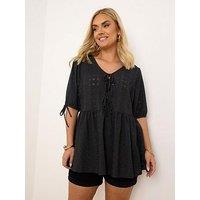 Yours Curve Tie Front Peplum Top - Black