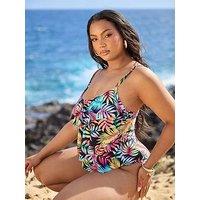 Yours Curve Tropical Triple Frill Swimsuit - Multi