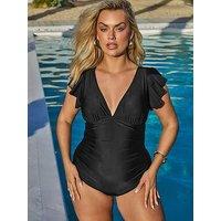 Yours Curve Frill Sleeve Swimsuit - Black