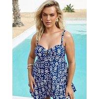 Yours Curve Ikat Knot Front Swimdress - Blue