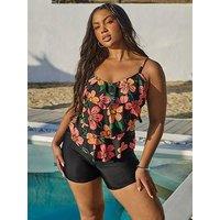 Yours Curve Dot Floral Triple Frill Tankini