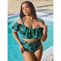 Yours Curve Leaf Bardot Frill Bikini Top - Green